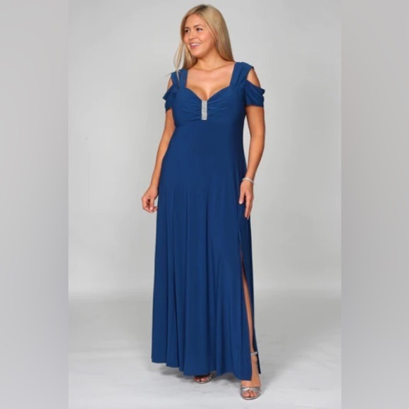 R&M Richards 1367W Long Blue Formal Evening Dress Thigh Slit & Diamante bling - Picture 1 of 8